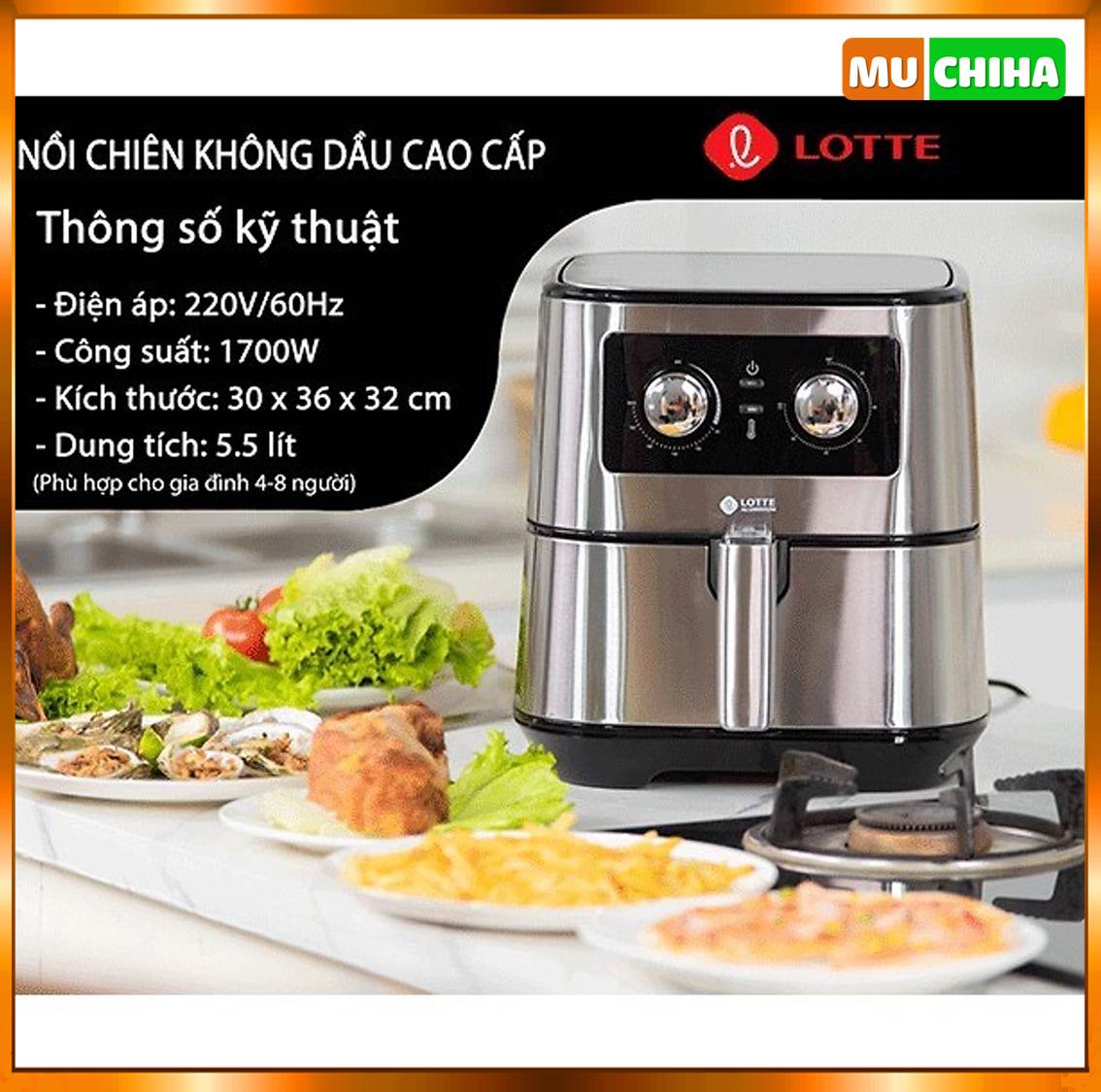 Nồi Chiên Không Dầu Lotte 5,5 Lít Chính Hãng LTS - AF5SM Tặng Kèm Sách Nấu Ăn 15 Thông Số Kỹ Thuật Nồi Chiên Không Dầu Lotte 5,5 Lít LTS - AF5SM