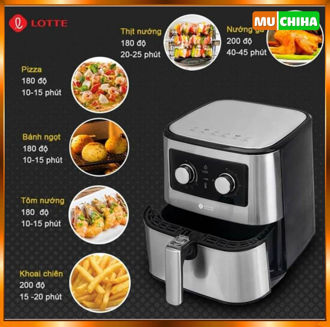 Nồi Chiên Không Dầu Lotte 5,5 Lít Chính Hãng LTS - AF5SM Tặng Kèm Sách Nấu Ăn 14 Nồi chiên không dầu Lotte cho phép bạn đặt trước nhiệt độ nấu phù hợp với thức ăn lên đến 200 độ C