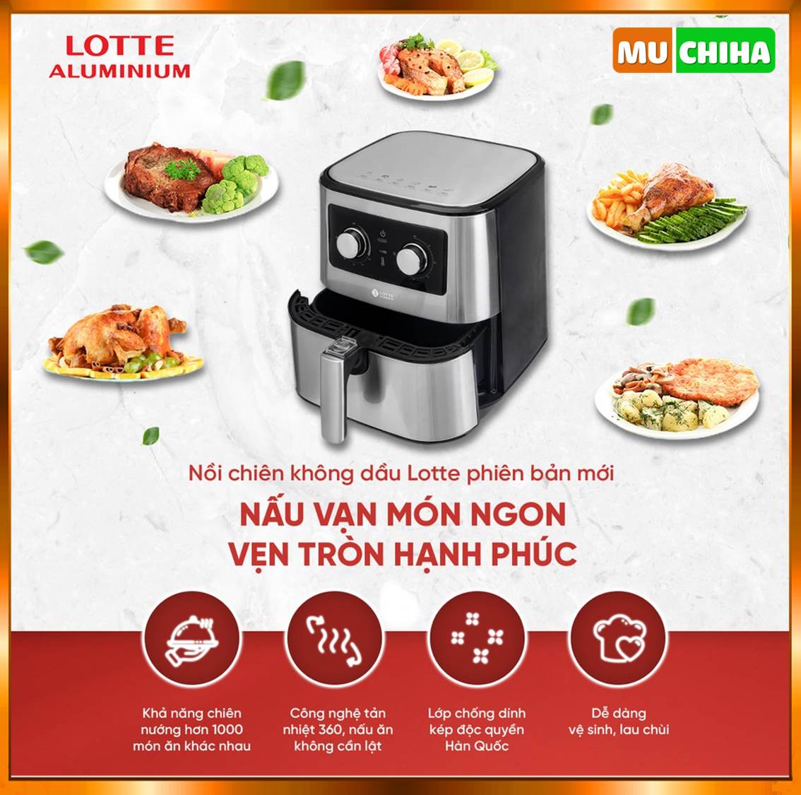 Nồi Chiên Không Dầu Lotte 5,5 Lít Chính Hãng LTS - AF5SM Tặng Kèm Sách Nấu Ăn 13 Công nghệ chiên không dầu Lotte giúp chiên rán, nướng và quay thực phẩm đa dạng và dễ dàng