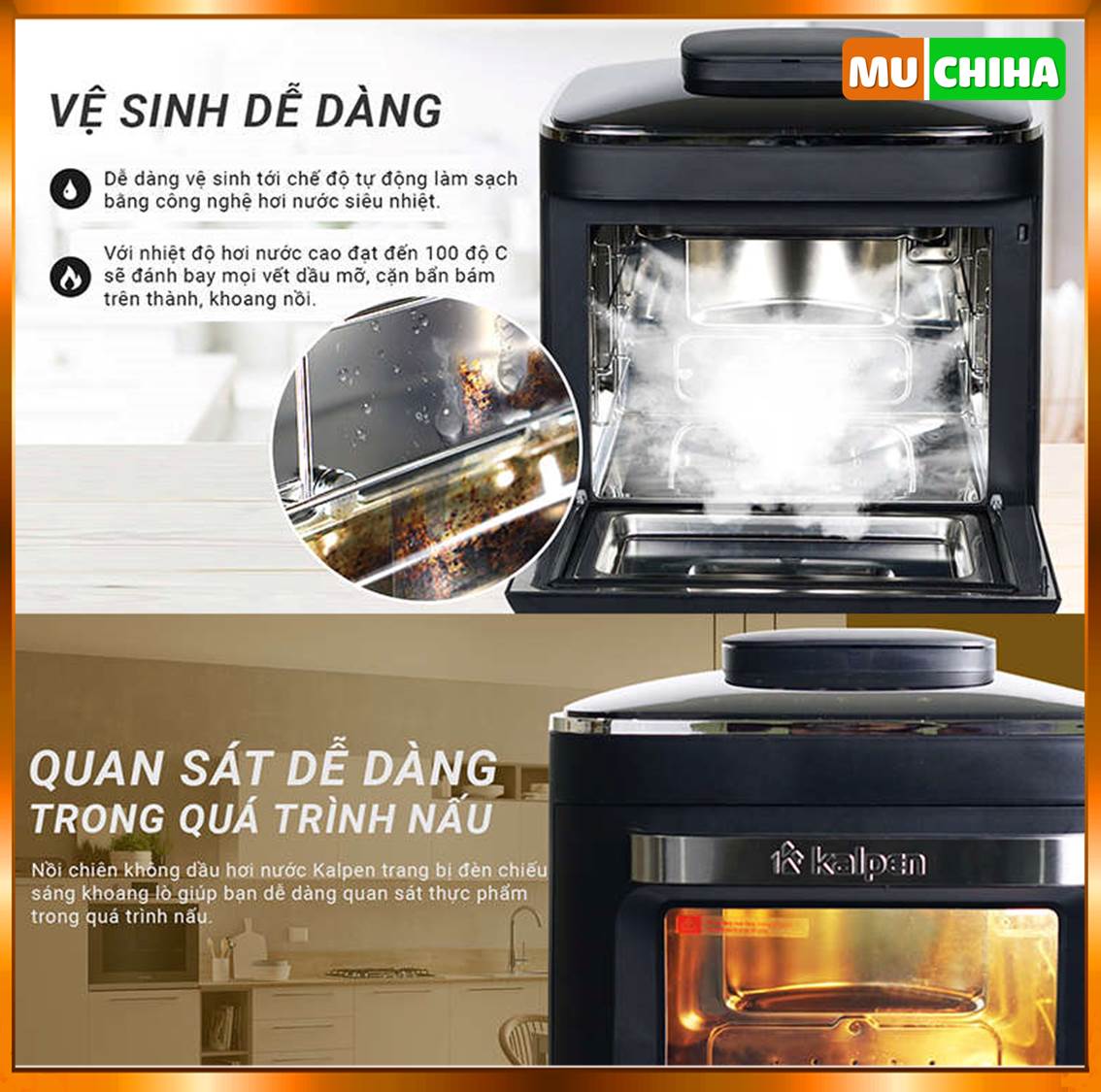 Nồi chiên không dầu hơi nước Kalpen X7 có chế độ vệ sinh tự động bằng hơi nước nóng cao áp.