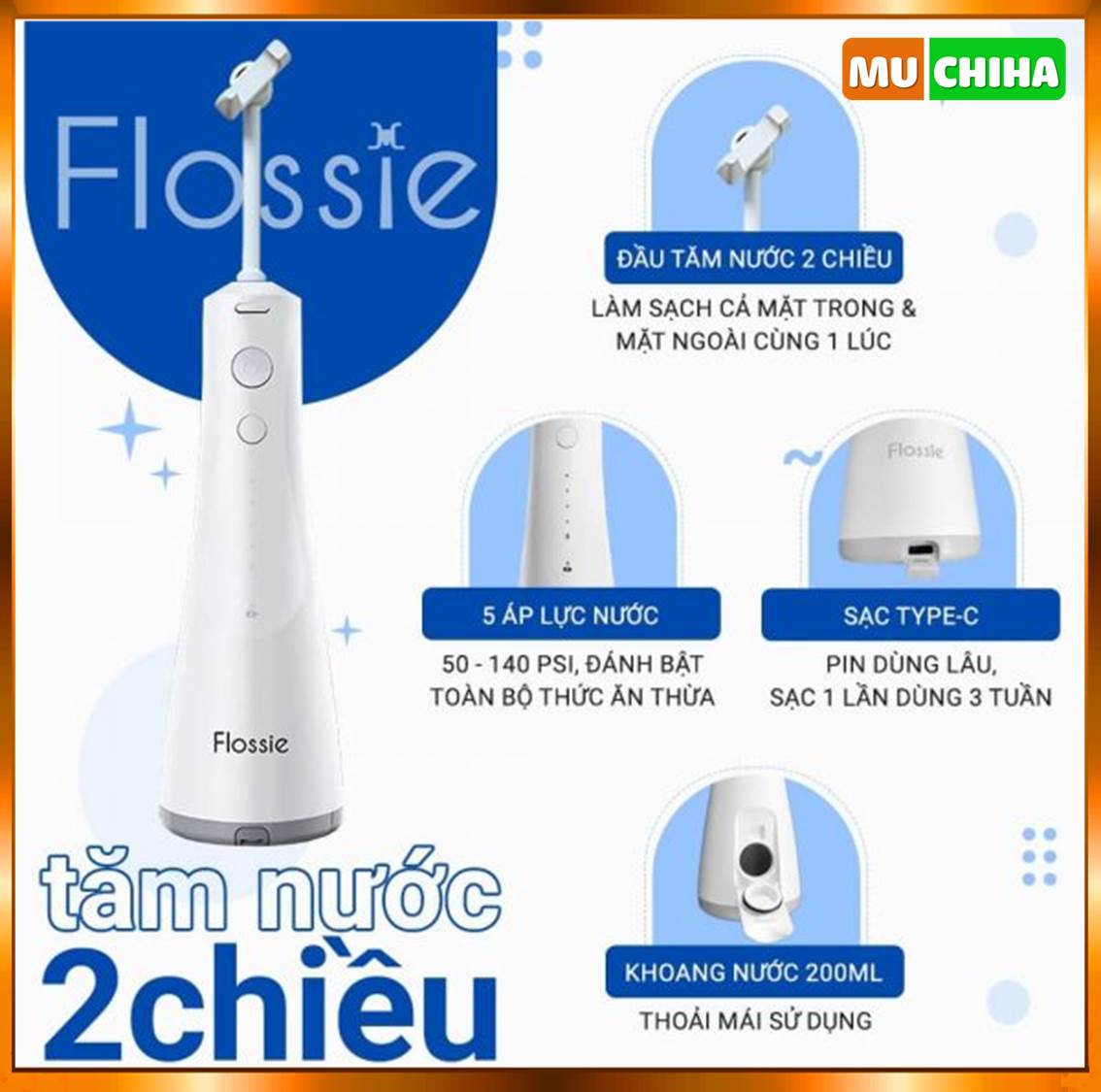 Máy Tăm Nước Flossie 2 Chiều 360 Cầm Tay Giúp Làm Sạch Sâu Chân Răng
