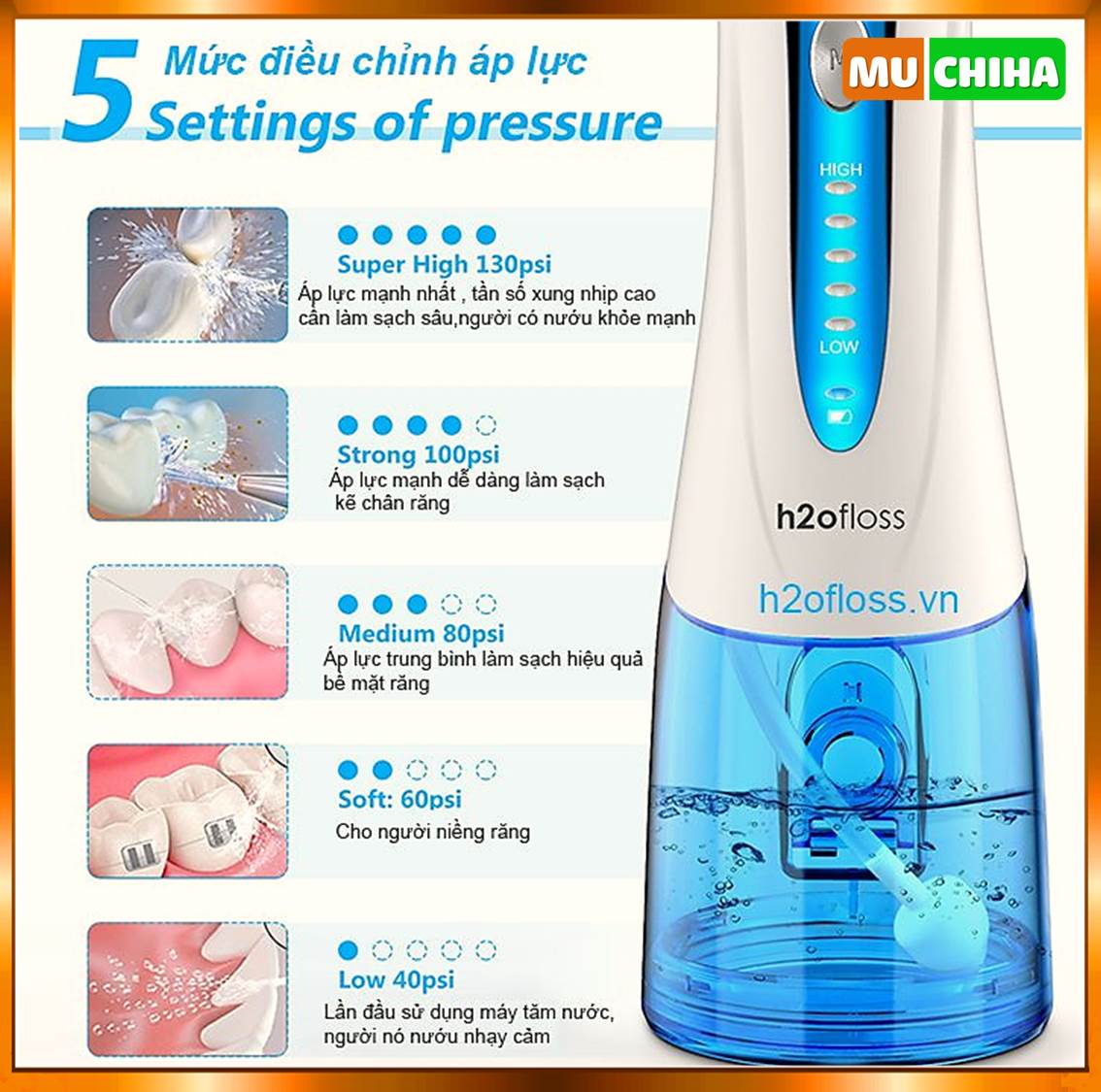 Máy Tăm Nước H2OFLOSS Cầm Tay Với 5 Mức Điều Chỉnh Áp Lực