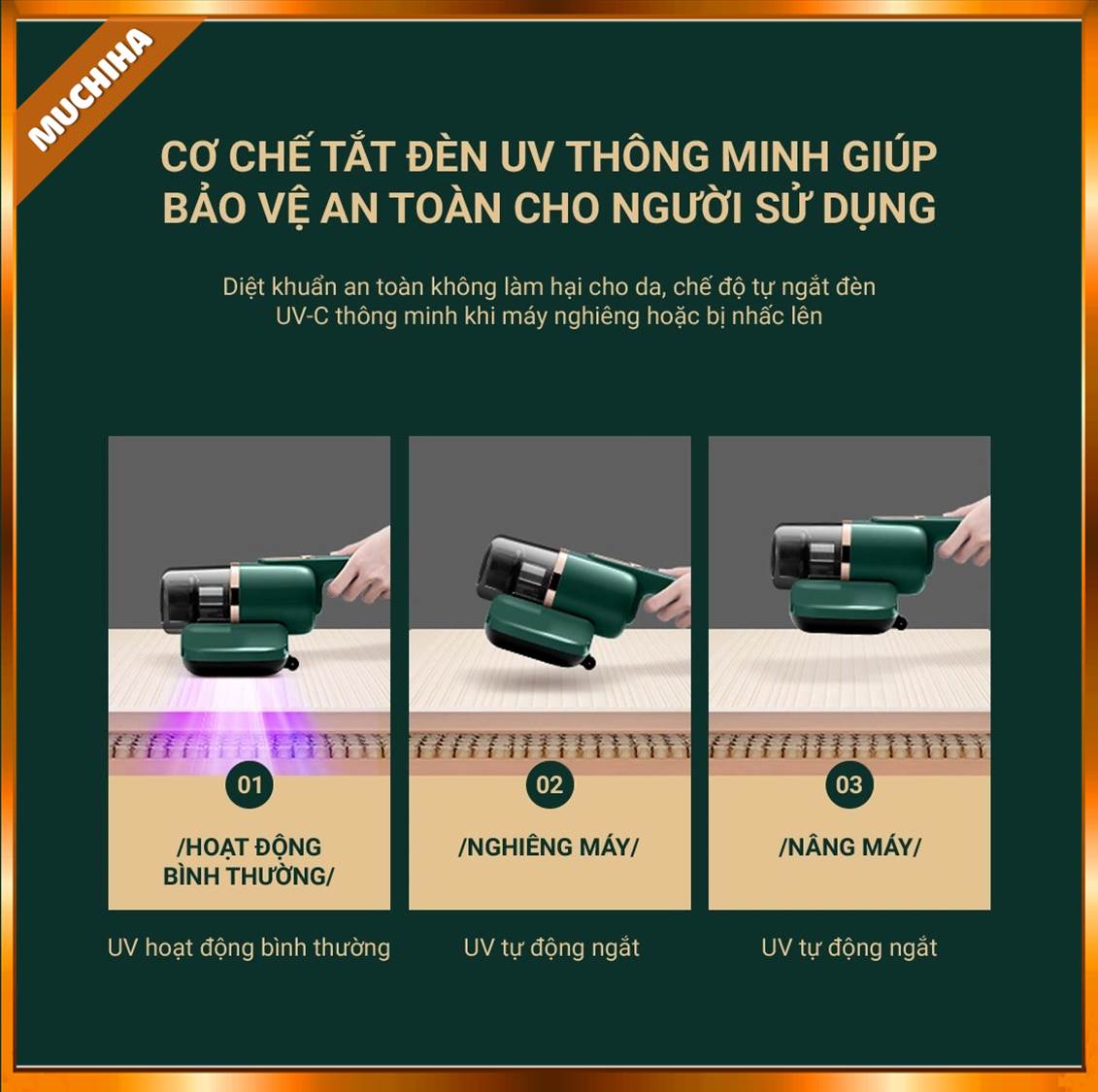 Máy hút bụi Kalpen VCK-3901 có cơ chế tắt đèn UV thông minh giúp bảo vệ an toàn cho người sử dụng
