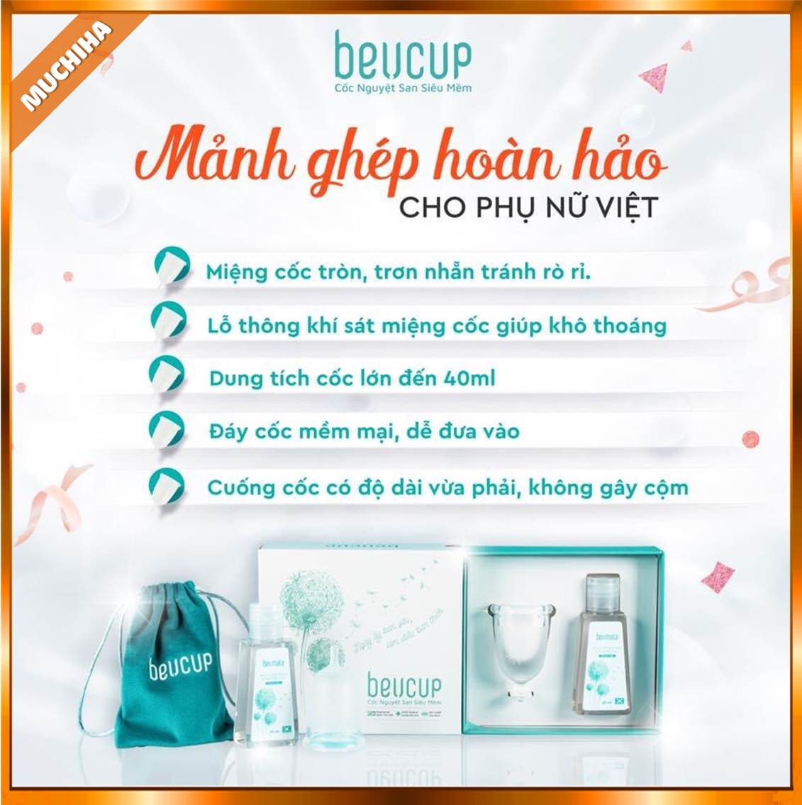 Cốc Nguyệt San BeUCup Chính Hãng, Cốc Nguyệt San Siêu Mềm BeUCup 40ml 14 Ưu điểm thiết kế của Cốc nguyệt san BeU Cup chính hãng