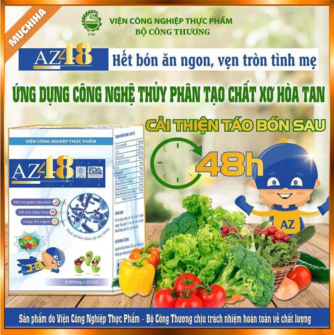 Men AZ48 Chính Hãng, Men Vi Sinh AZ48 Giúp Ăn Ngon, Tăng Sức Đề Kháng 12 Men AZ48 ứng dụng công nghệ thủy phân tạo chất xơ hòa tan cải thiện táo bón sau 48h