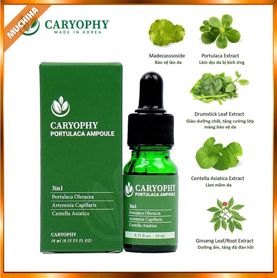 Serum Caryophy có các thành phần chính có lợi cho da, bao gồm: rau má, rau sam, nhân trần