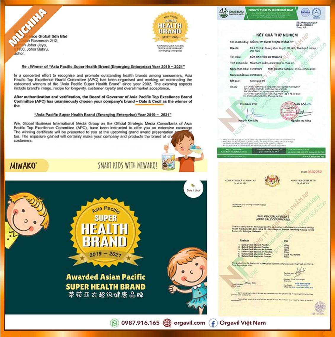 Chứng nhận của Sữa hạt Miwako A+ 
