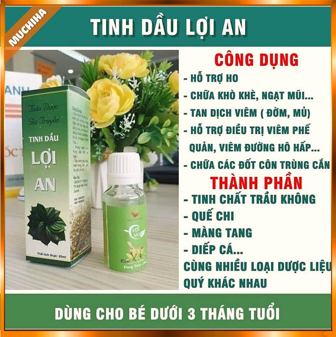 Tinh Dầu Lợi An Chính Hãng Bôi Ho Đờm Sổ Mũi, Tinh Dầu Lợi An 20ml Dùng Cho Trẻ Sơ Sinh Và Người Lớn 11 Thành Phần Tinh Dầu